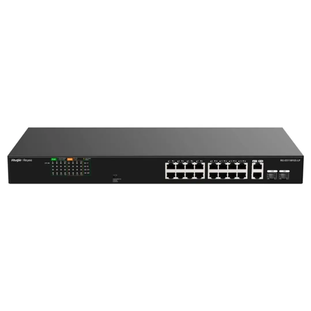 Ruijie RG-ES118FGS-LP Switch - 16 Puertos Ethernet hasta 100Mbps - 2 Puertos Gigabit Rj45/SFP Combo - PoE/PoE+ hasta 120W - Carcasa de Acero - Color N 1