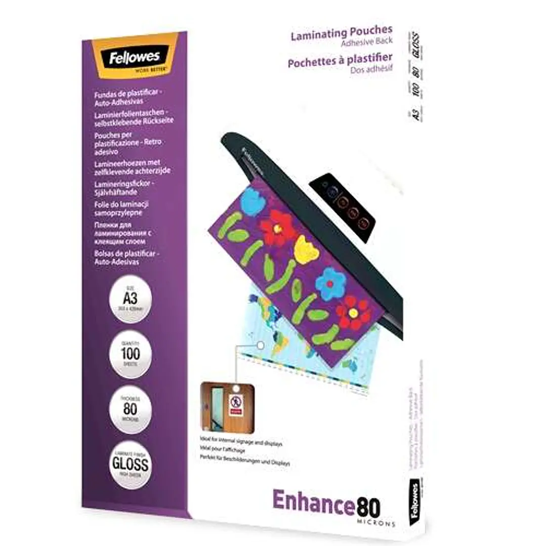 Fellowes Pack de 100 Fundas AutoAdhesivas para Plastificar Brillo A3 - 80 Micras - Alta Calidad - Transparente 1
