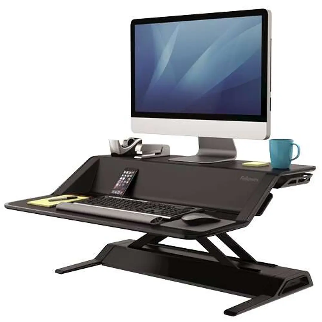 Fellowes Sit-Stand Lotus Estación de Trabajo - 22 Ajustes en Altura - Ofrece una Maxima Estabilidad - Dos Amplias Superficies - Color Negro 1