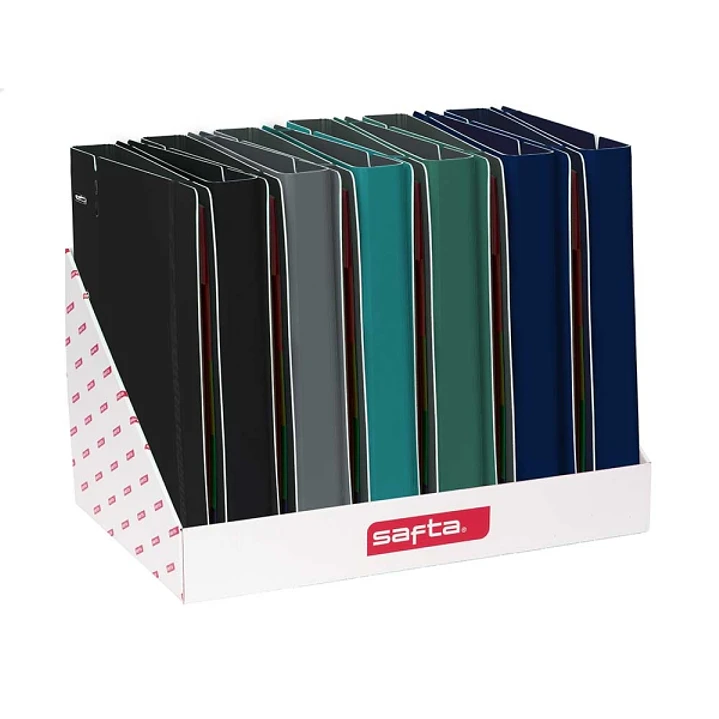 Safta Expositor con 12 Carpetas de 4 Anillas 35mm - Tapas de PP Foam - Cierre Elastico - Ranura para Boligrafo - Incluye 100 Hojas A4 - Cuadricula 5x5 1