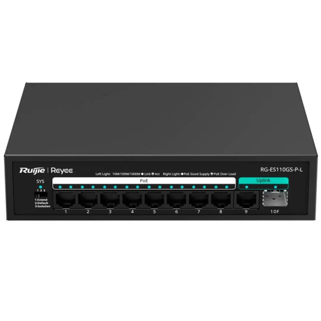 Ruijie RG-ES110GS-P-L Switch - 8 Puertos Ethernet hasta 1Gbps - Puerto Ethernet Uplink - Puerto SFP Uplink - PoE/PoE+ hasta 120W - Carcasa de Acero -  1