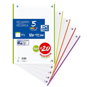 Oxford School Pack de 5 A4 Recambio - 4x4 Promocion - 100+20 Hojas - Colores Surtidos