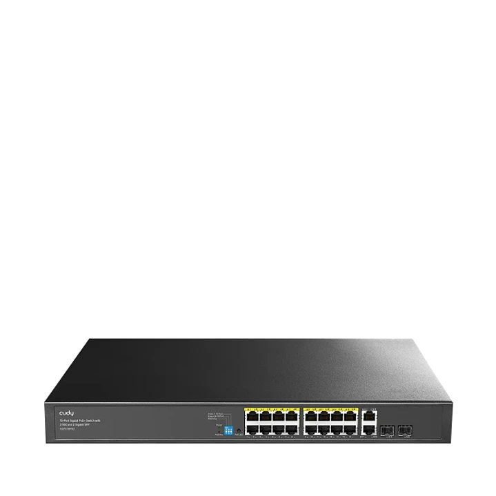 Cudy Switch 20 Puertos - Capacidad Conmutacion 40Gbps - 16x RJ45 PoE+ - 2x RJ45 GbE - 2x Gigabit SFP - Reinicio Automatico - Indicadores LED - 440x180 1