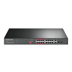 Mercusys MS118CP Swtich 18 Puertos RJ45 - 16 Puertos 10/100Mbps PoE+ - 2 Puertos Gigabit - Hasta 250 Metros de Alcance - Color Negro