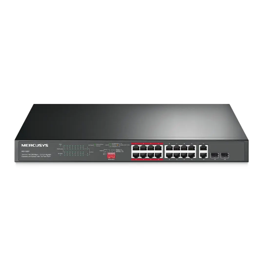 Mercusys MS118CP Swtich 18 Puertos RJ45 - 16 Puertos 10/100Mbps PoE+ - 2 Puertos Gigabit - Hasta 250 Metros de Alcance - Color Negro 1