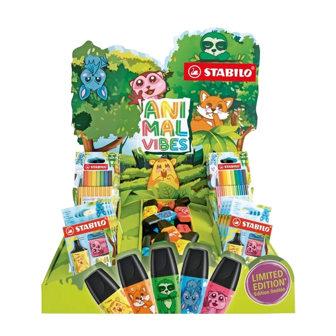 Stabilo Animal Vibes Expositor de Sobremesa con 30 Boss Mini Piezas Sueltas, 8 Packs con 3 Boss Mini, 5 Packs con 8 Point 88 Mini y 5 Packs con 8 Pen  1