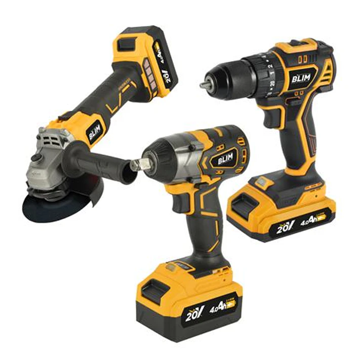 Blim Pack 20V Taladro + Llave Impacto + Radial S/Carbones - 2 Baterias 4Ah - Color Varios 1