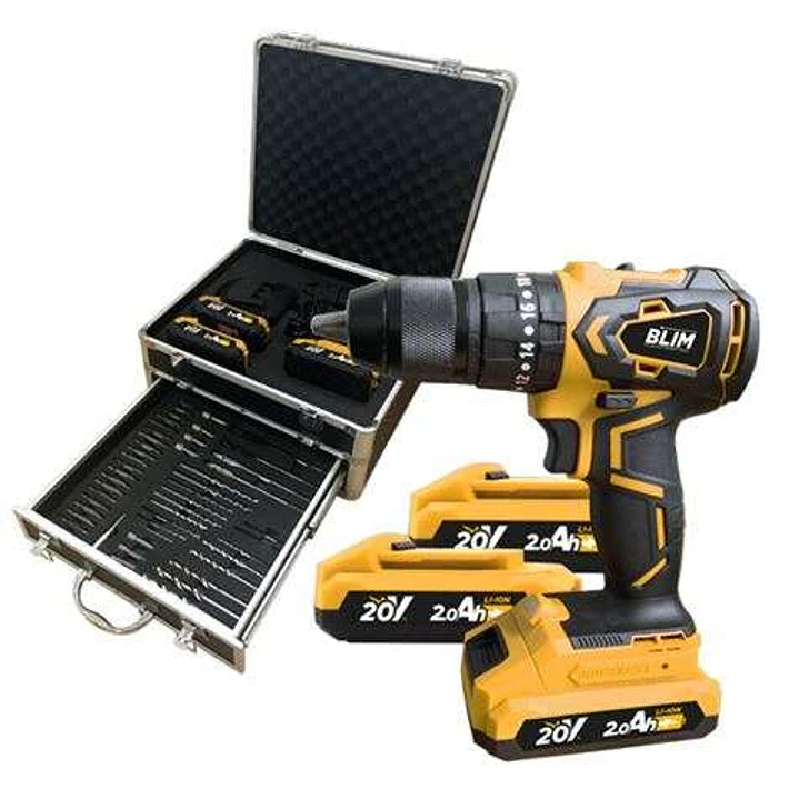 Blim Taladro Percutor a Bateria 20V 2Ah y Maletin de Aluminio con 50 Accesorios - Motor sin Escobillas - 45Nm Par Maximo - 2 Velocidades 0-450/0-1650r 1