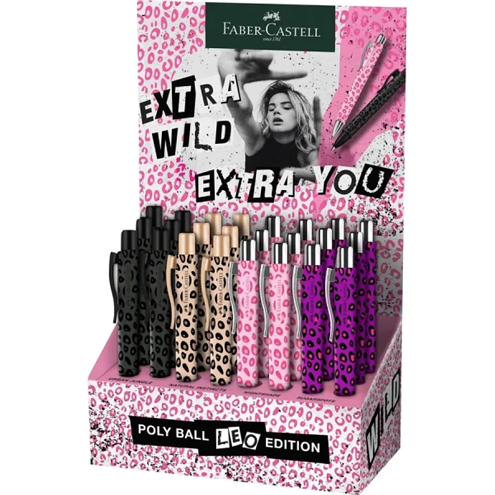 Faber-Castell Poly Ball Leo Edition 2026 Expositor con 24 Boligrafos Retractiles XB - Forma Triangular Ergonomica - Suave al Tacto - Diseños Surtidos 1