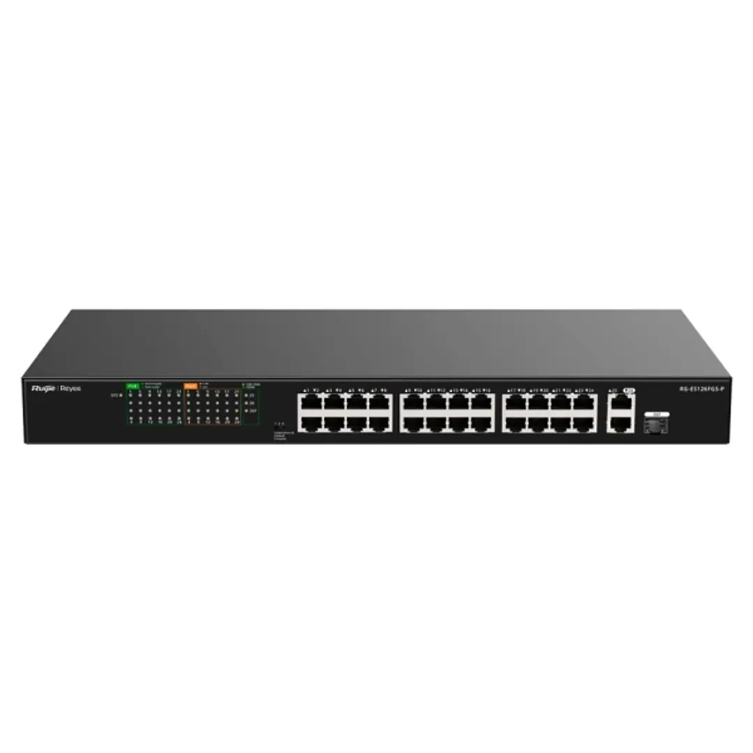 Ruijie RG-ES126FGS-P Switch - 24 Puertos Ethernet hasta 100Mbps - 1X Uplink hasta 1Gbps - 1X Rj45/SFP Combo hasta 1Gbps - PoE/PoE+ hasta 370W - Carcas 1