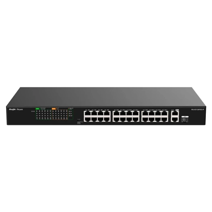 Ruijie RG-ES126FGS-P Switch - 24 Puertos Ethernet hasta 100Mbps - 1X Uplink hasta 1Gbps - 1X Rj45/SFP Combo hasta 1Gbps - PoE/PoE+ hasta 370W - Carcas 1