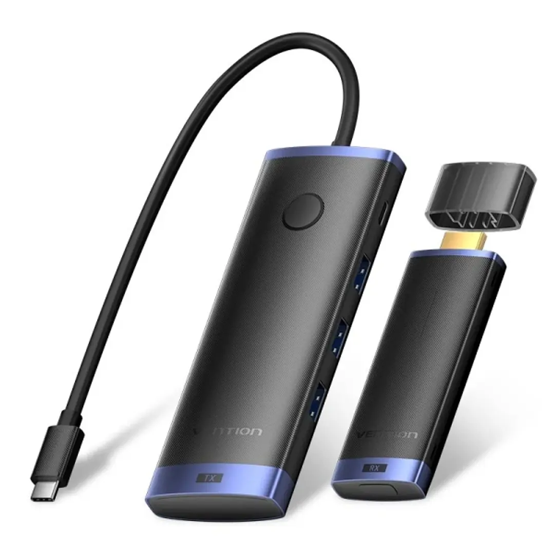 Vention Estacion de Docking 7 en 1 Inalambrica - HDMI 4K - 2xUSB-C - 3xUSB-A - Cable USB-C de 15cm Integrado - Alcance 50m - Power Delivery - Color Ne 1