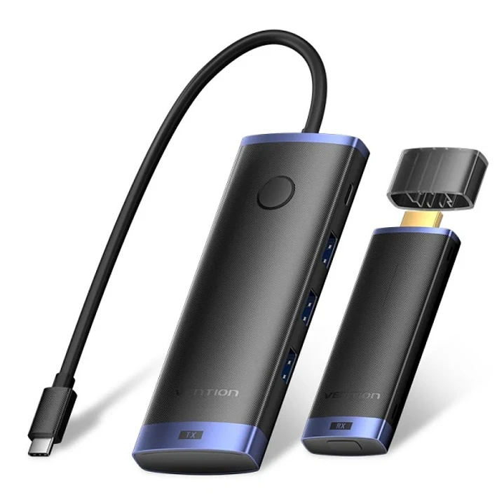 Vention Estacion de Docking 7 en 1 Inalambrica - HDMI 4K - 2xUSB-C - 3xUSB-A - Cable USB-C de 15cm Integrado - Alcance 50m - Power Delivery - Color Ne 1