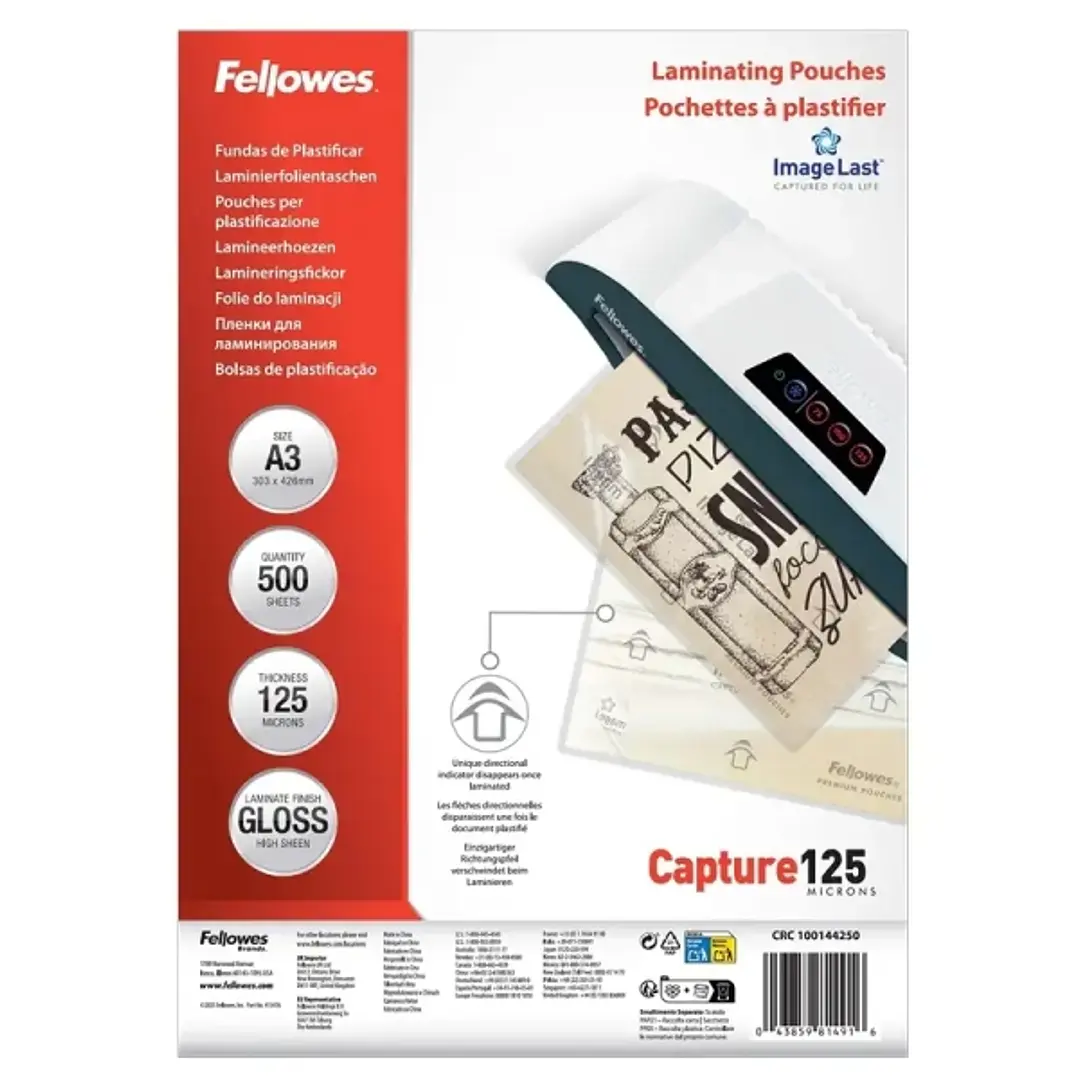 Fellowes Imagelast Pack de 500 Fundas para Plastificar - Formato A3 - Efecto Brillo - 125 micras - Flechas Indicadoras de Direccion - Transparente 1