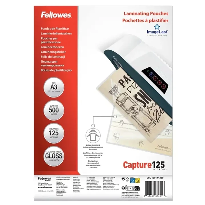Fellowes Imagelast Pack de 500 Fundas para Plastificar - Formato A3 - Efecto Brillo - 125 micras - Flechas Indicadoras de Direccion - Transparente 1