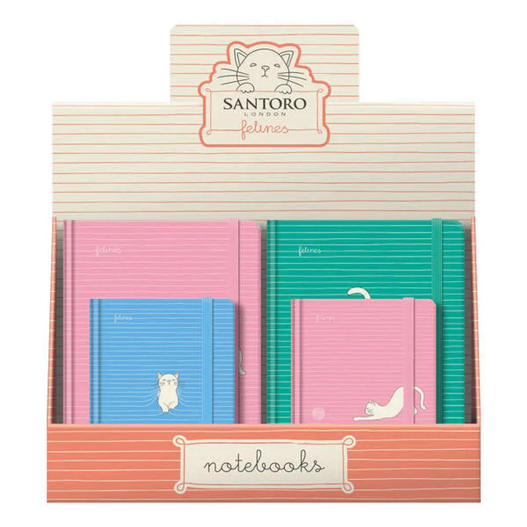 Dohe Santoro Felines Expositor de 12 Cuadernos Cartone - Tamaños A5 y A6 - 96 Hojas Lisas en Papel Ahuesado de 80 g/m2 - Cierre con Goma Elastica 1