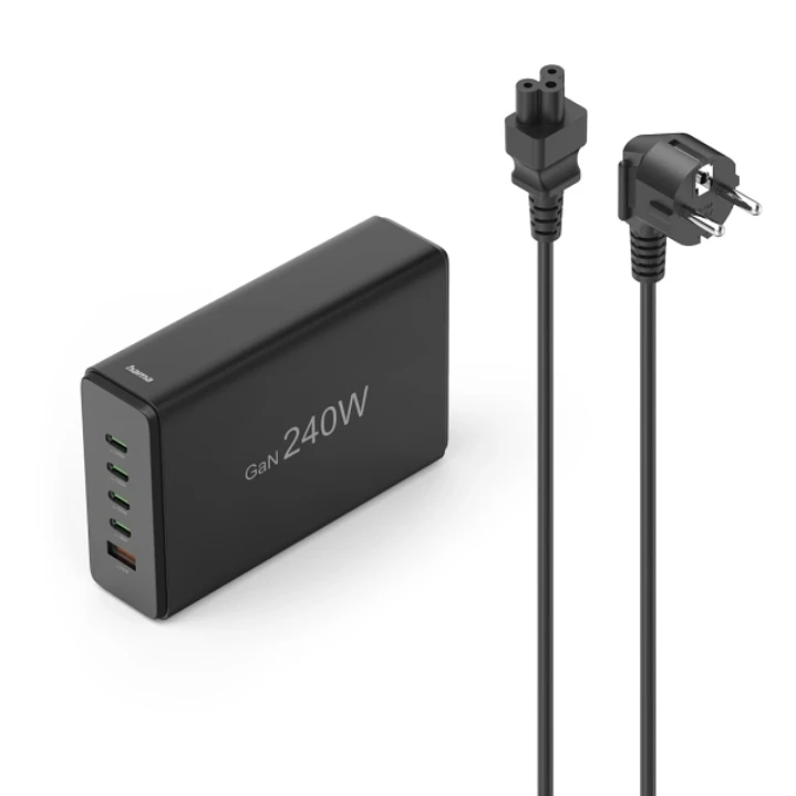 Hama Estacion de Carga USB - Cable 1.5m - 4x USB-C - USB-A - Power Delivery - Qualcomm - GaN - 7.9x12x3.5cm - Color Negro 1