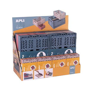 Apli Up North Expositor de 26 Cajas de Plastico Plegables y Apilables - 2x 43x29x16cm, 8x 29x21x21cm y 16x 14x10x6cm - Ideal para Herramientas, Juguet