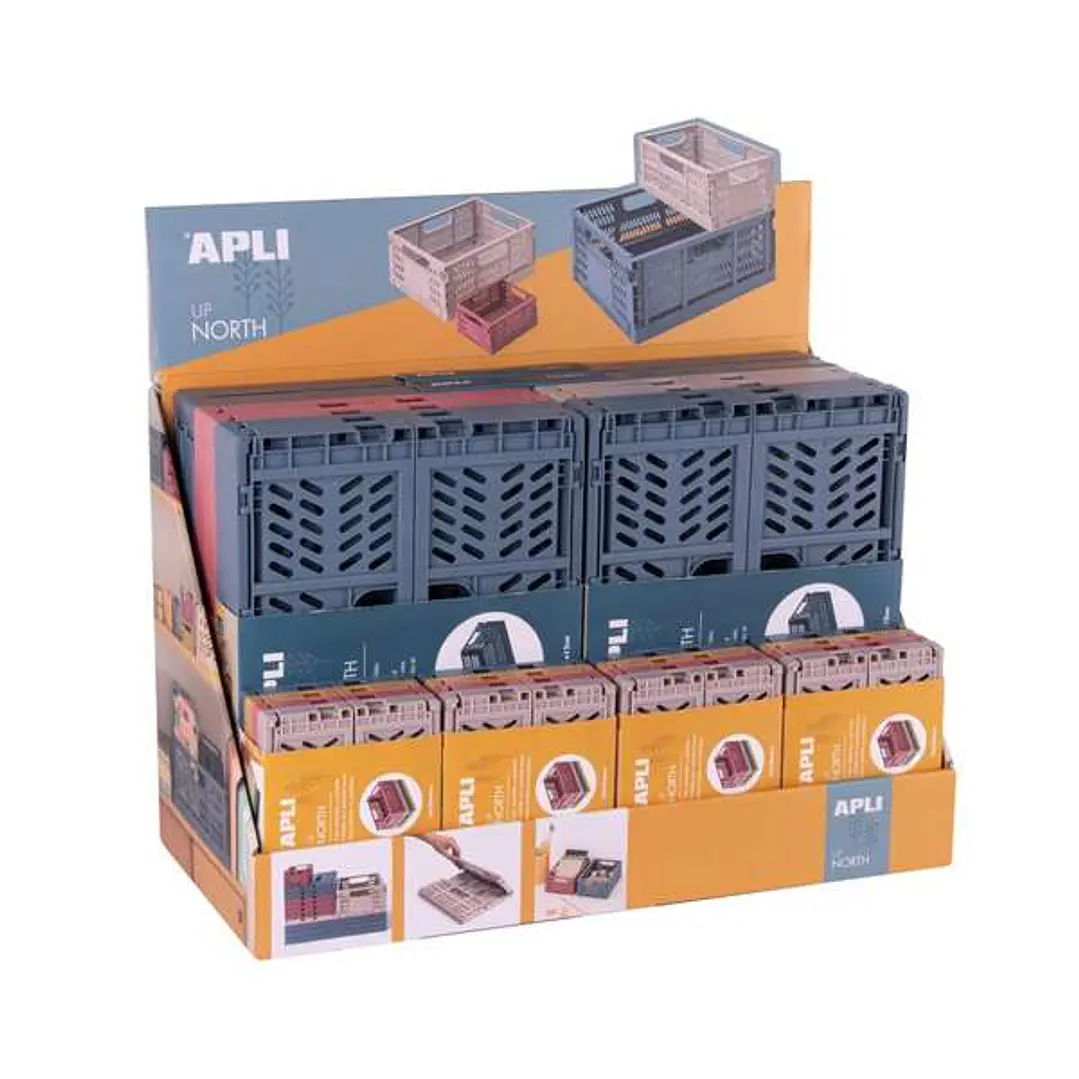 Apli Up North Expositor de 26 Cajas de Plastico Plegables y Apilables - 2x 43x29x16cm, 8x 29x21x21cm y 16x 14x10x6cm - Ideal para Herramientas, Juguet 1