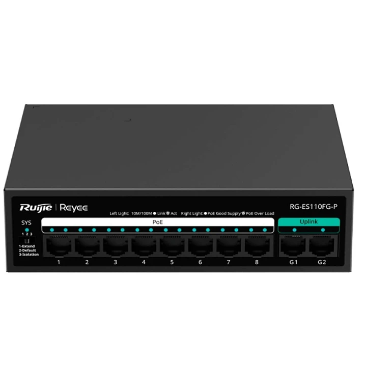 Ruijie RG-ES110FG-P Switch - 8 Puertos Ethernet hasta 100Mbps - 8 Puertos Uplink hasta 1Gbps - PoE/PoE+ hasta 110W - Carcasa de Acero - Color Negro 1