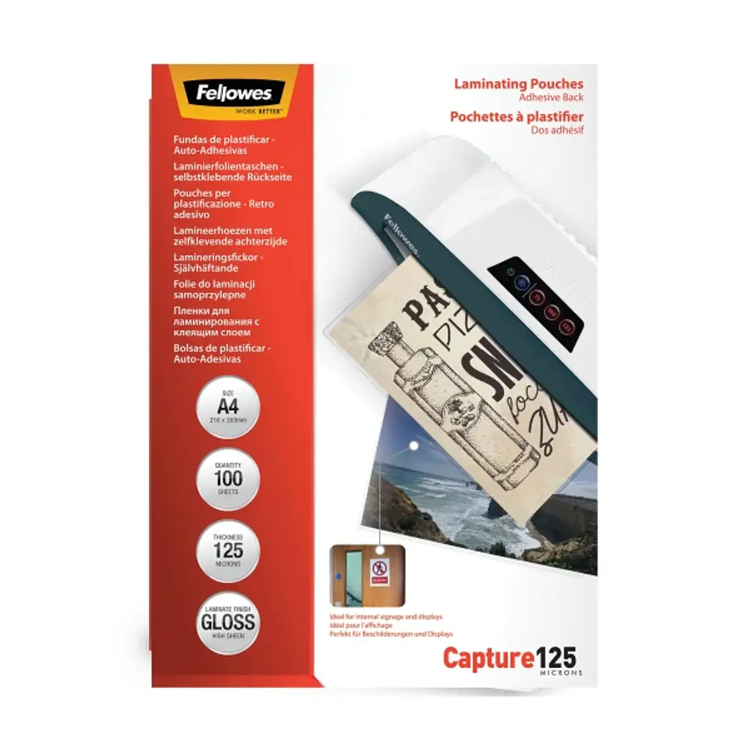 Fellowes Pack de 100 Fundas para Plastificar - Formato A4 - Reverso Adhesivo - Efecto Brillo - 125 micras - Transparente 1