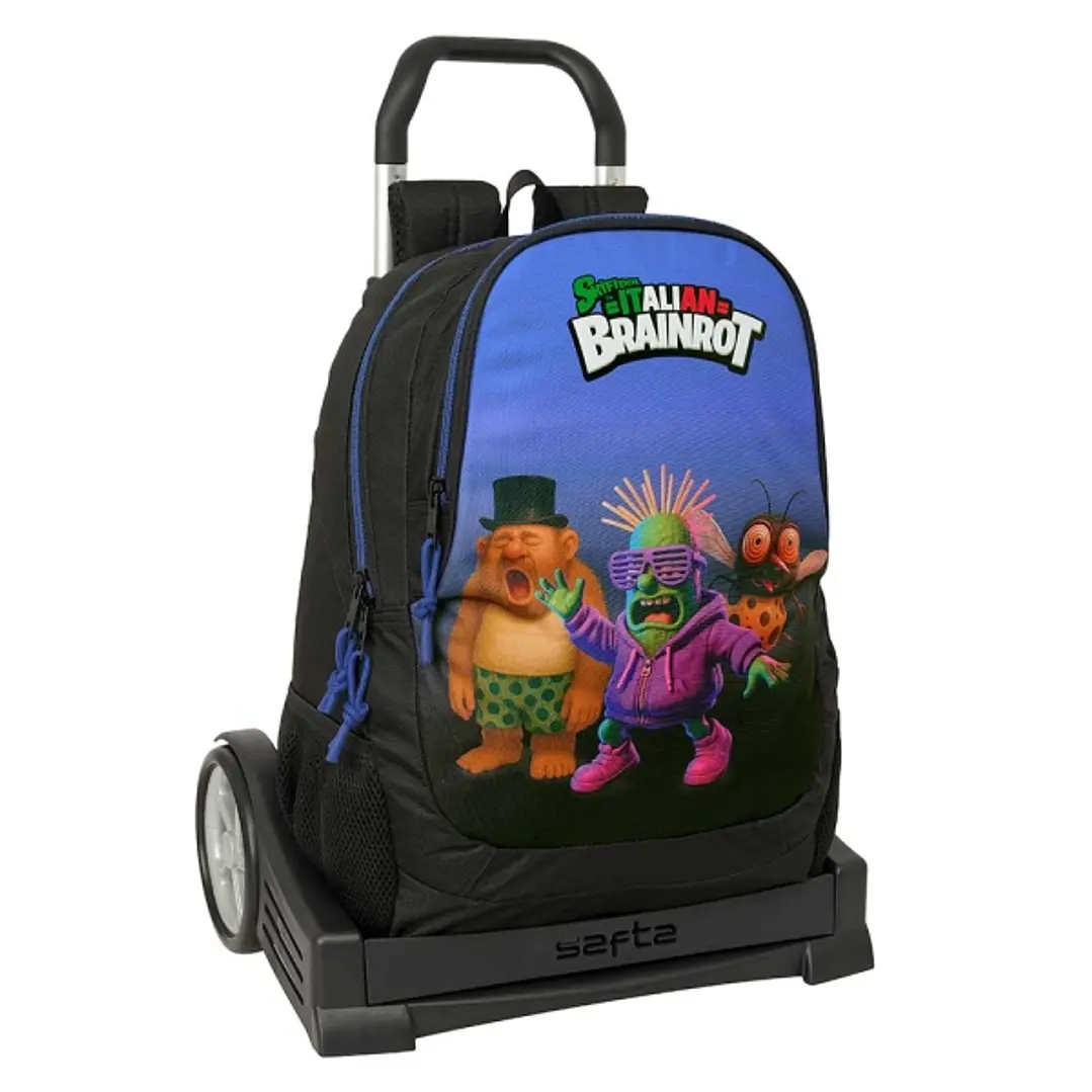 Safta Brainrot Mochila con Carro - Extraible - 23L - Portabotellas - Cremallera con Doble Tirador - Asa de Mano - Espalda Acolchada Antisudor - 32x44x 1