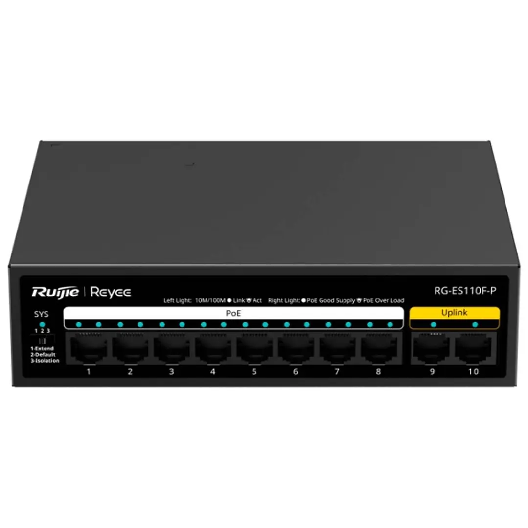 Ruijie RG-ES110F-P Switch - 10 Puertos - PoE/PoE+ hasta 110W - Velocidad hasta 100Mbps - Carcasa de Acero - Color Negro 1