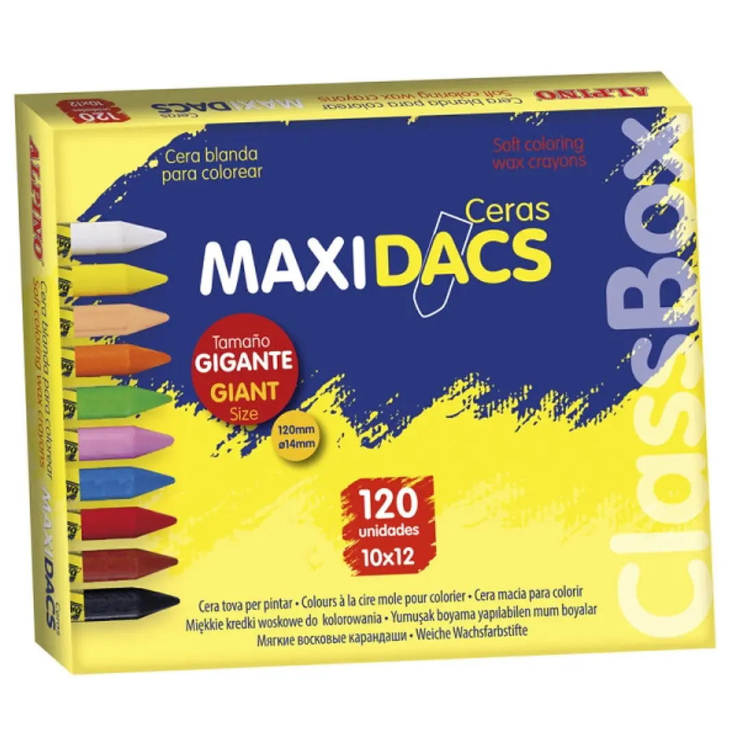 Alpino Maxidacs Economy Pack con 120 Ceras Blandas para Niños - Tamaño Extra Grande 120mm x 14mm - Etiqueta Anti-Manchas - Ideal para Grandes Artistas 1
