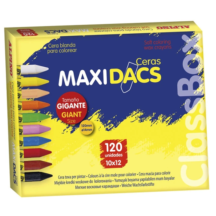 Alpino Maxidacs Economy Pack con 120 Ceras Blandas para Niños - Tamaño Extra Grande 120mm x 14mm - Etiqueta Anti-Manchas - Ideal para Grandes Artistas 1
