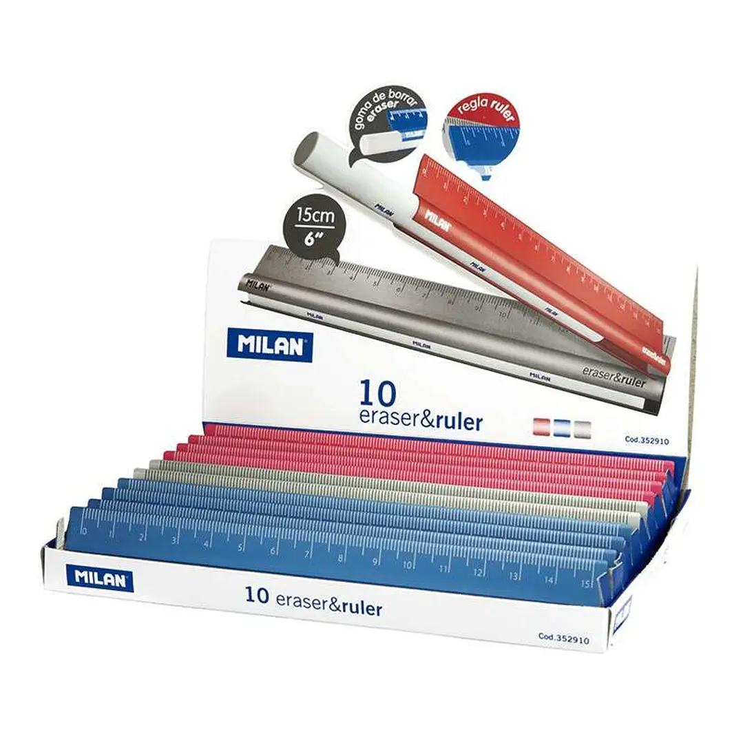 Milan Eraser & Ruler Expositor de 10 Reglas + Goma en el Interior de la Regla - Longitud 15cm - Metal Touch - Colores Surtidos 1