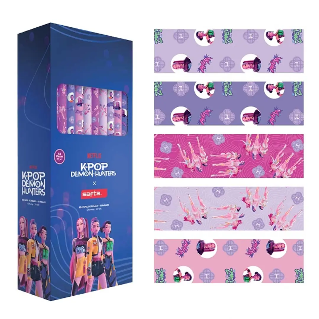 Safta K-Pop Demon Hunters Expositor con 50 Rollos de Papel Regalo - Medidas del Rollo 70x200cm - 5 Patrones Diferentes - 30.5x71x15.5cm - Colores Surt 1