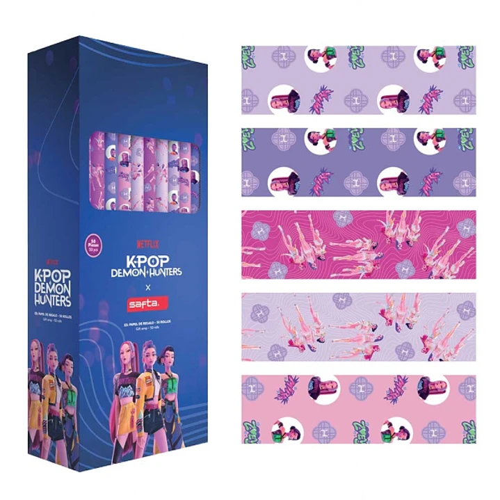 Safta K-Pop Demon Hunters Expositor con 50 Rollos de Papel Regalo - Medidas del Rollo 70x200cm - 5 Patrones Diferentes - 30.5x71x15.5cm - Colores Surt 1