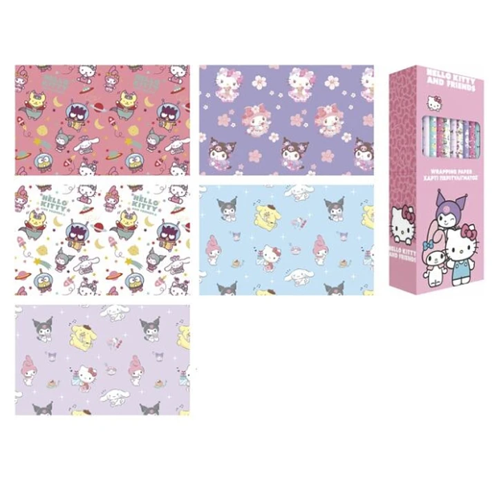 Safta Hello Kitty and Friends Expositor con 50 Rollos de Papel Regalo - Medidas del Rollo 70x200cm - 5 Patrones Diferentes - 30.5x71x15.5cm - Colores  1