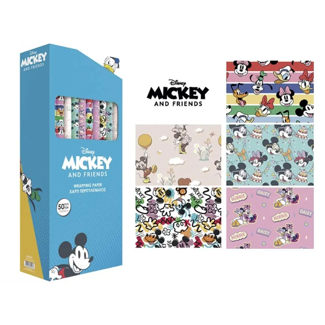 Safta Mickey and Friends Racing Expositor con 50 Rollos de Papel Regalo - Medidas del Rollo 70x200cm - 5 Patrones Diferentes - 30.5x71x15.5cm - Colore 1