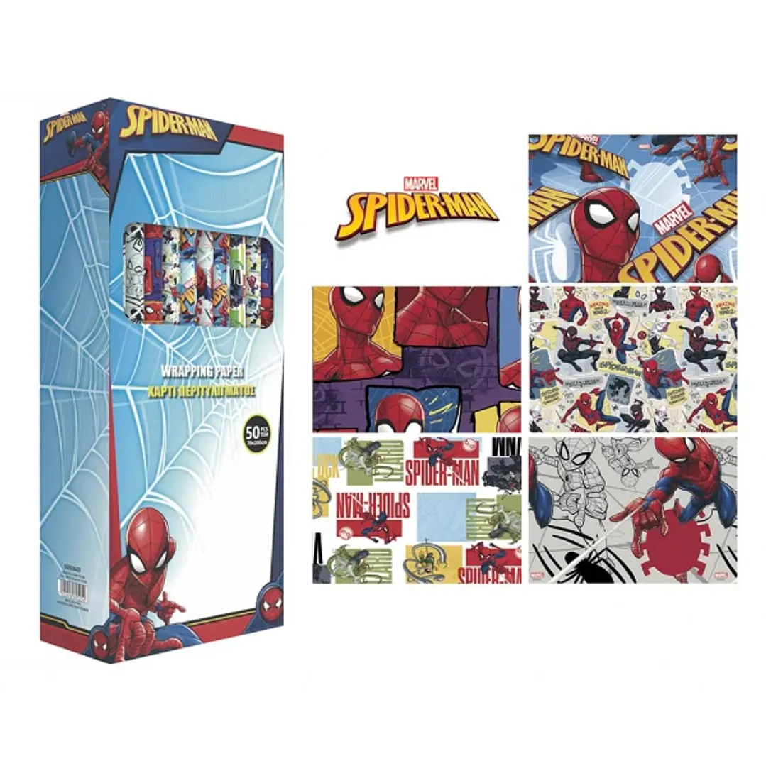 Safta Spider-Man Expositor con 50 Rollos de Papel Regalo - Medidas del Rollo 70x200cm - 5 Patrones Diferentes - 30.5x71x15.5cm - Colores Surtidos 1