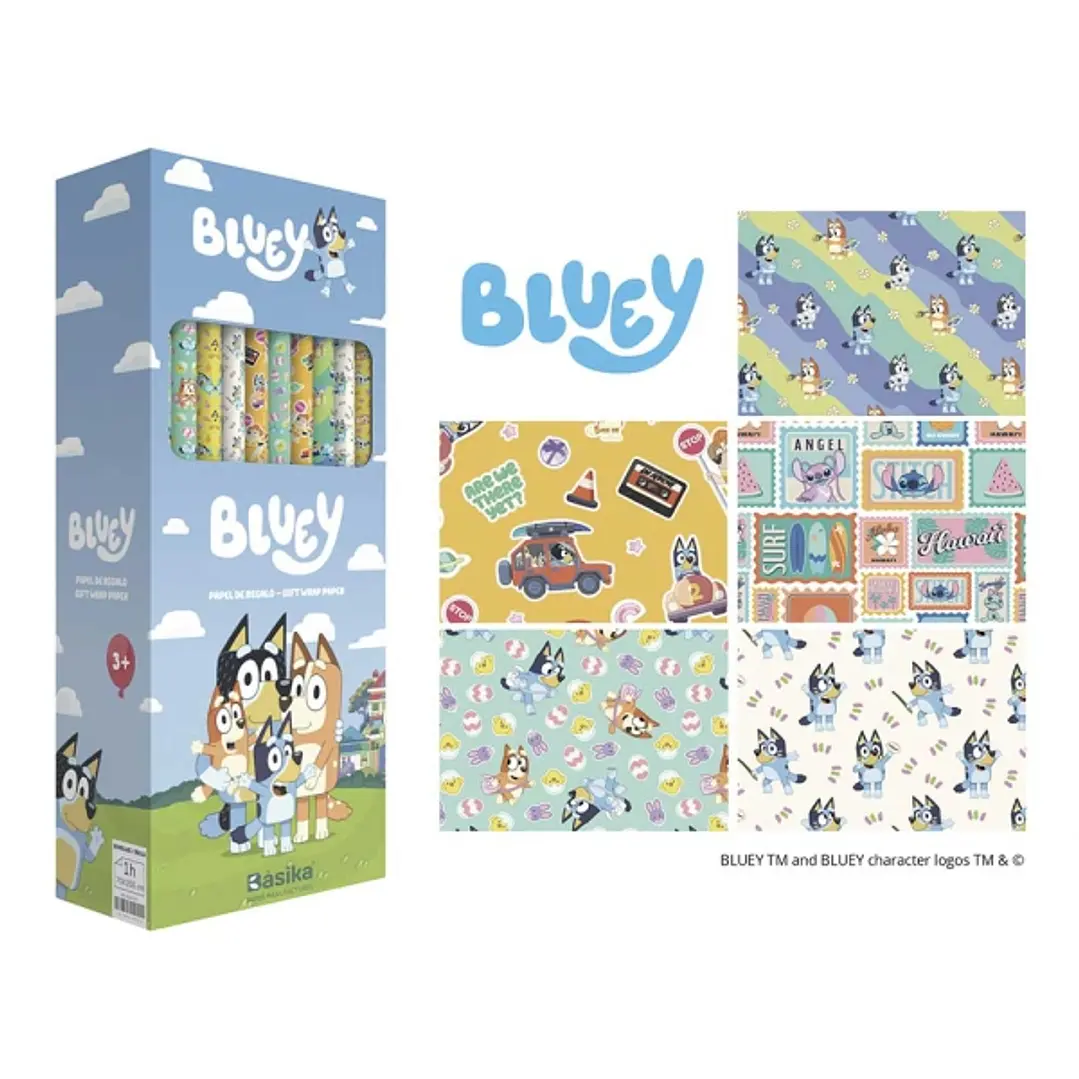 Safta Bluey Ready Expositor con 50 Rollos de Papel Regalo - Medidas del Rollo 70x200cm - 5 Patrones Diferentes - 30.5x71x15.5cm - Colores Surtidos 1