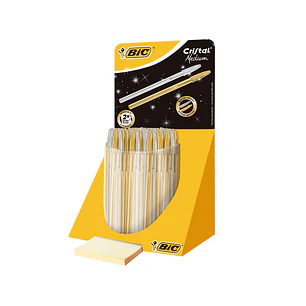 Bic Cristal Linea Celebration Expositor de 40 Boligrafos de Bola con Cuerpo Dorado y Plateado - Punta Media de 1.0mm - Tinta con Base de Aceite - Colo