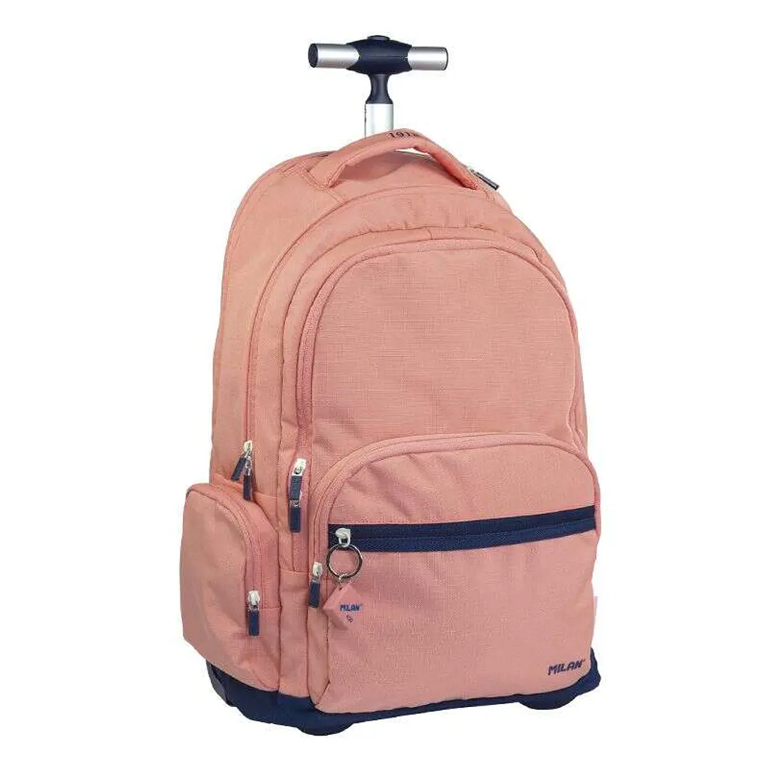 Milan Serie 1918 Mochila Escolar 25L con Carro Integrado y Mango Metalico Retractil - 3 Bolsillos Delanteros + 2 Bolsillos Laterales - Tamaño 46,5x30x 1