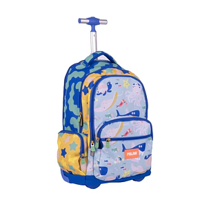 Milan Blue Odyssey Mochila Escolar 25L con Carro Integrado y Mango Metalico Retractil - 3 Bolsillos Delanteros - 2 Bolsillos Laterales - 6 Cremalleras