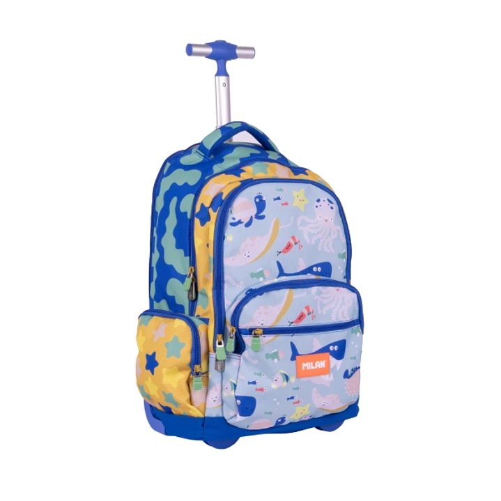 Milan Blue Odyssey Mochila Escolar 25L con Carro Integrado y Mango Metalico Retractil - 3 Bolsillos Delanteros - 2 Bolsillos Laterales - 6 Cremalleras 1