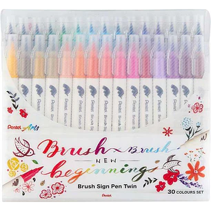Pentel Brush Sing Pen Twin Pack de 30 Rotuladores con Doble Punta de Pincel Flexible - Punta Ancha 1-4mm, Punta Fina 0,2-2mm - Colores Surtidos
