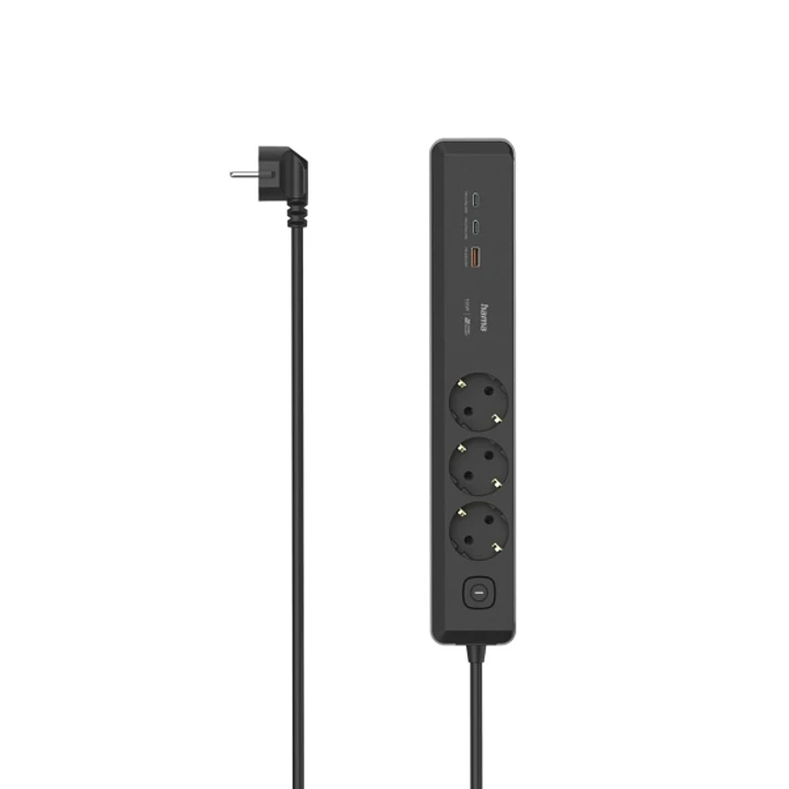 Hama Regleta Alimentacion con 6 Tomas - Cable 1.4m - 3x Schuko - 2x USB-C - 1x USB-A - Interruptor de Encendido - Enchufe Schuko en Angulo - Power Del 1