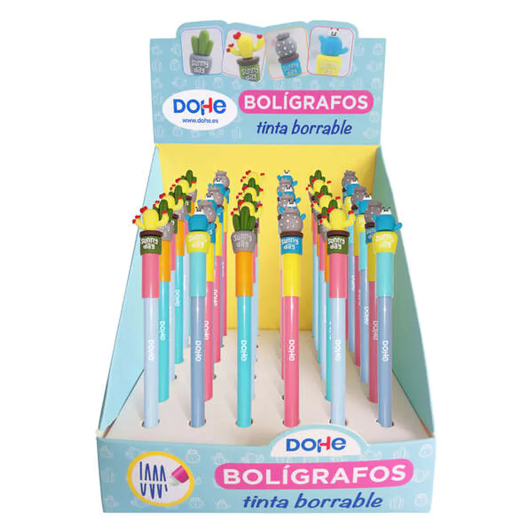 Dohe Expositor de 36 Boligrafos Borrables - Punta Bola Metalica 1mm - Trazo 0.5mm - Capuchon con Motivos Cactus - Tinta Azul 1