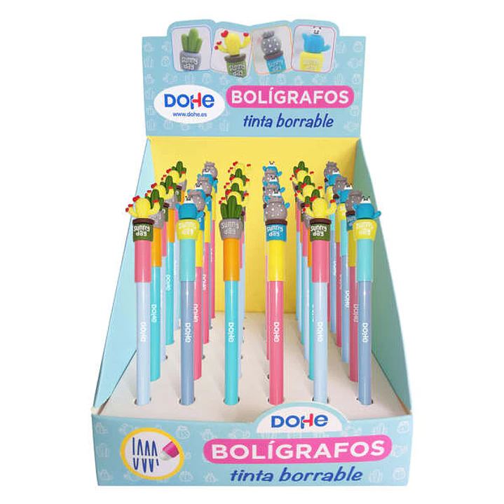 Dohe Expositor de 36 Boligrafos Borrables - Punta Bola Metalica 1mm - Trazo 0.5mm - Capuchon con Motivos Cactus - Tinta Azul 1