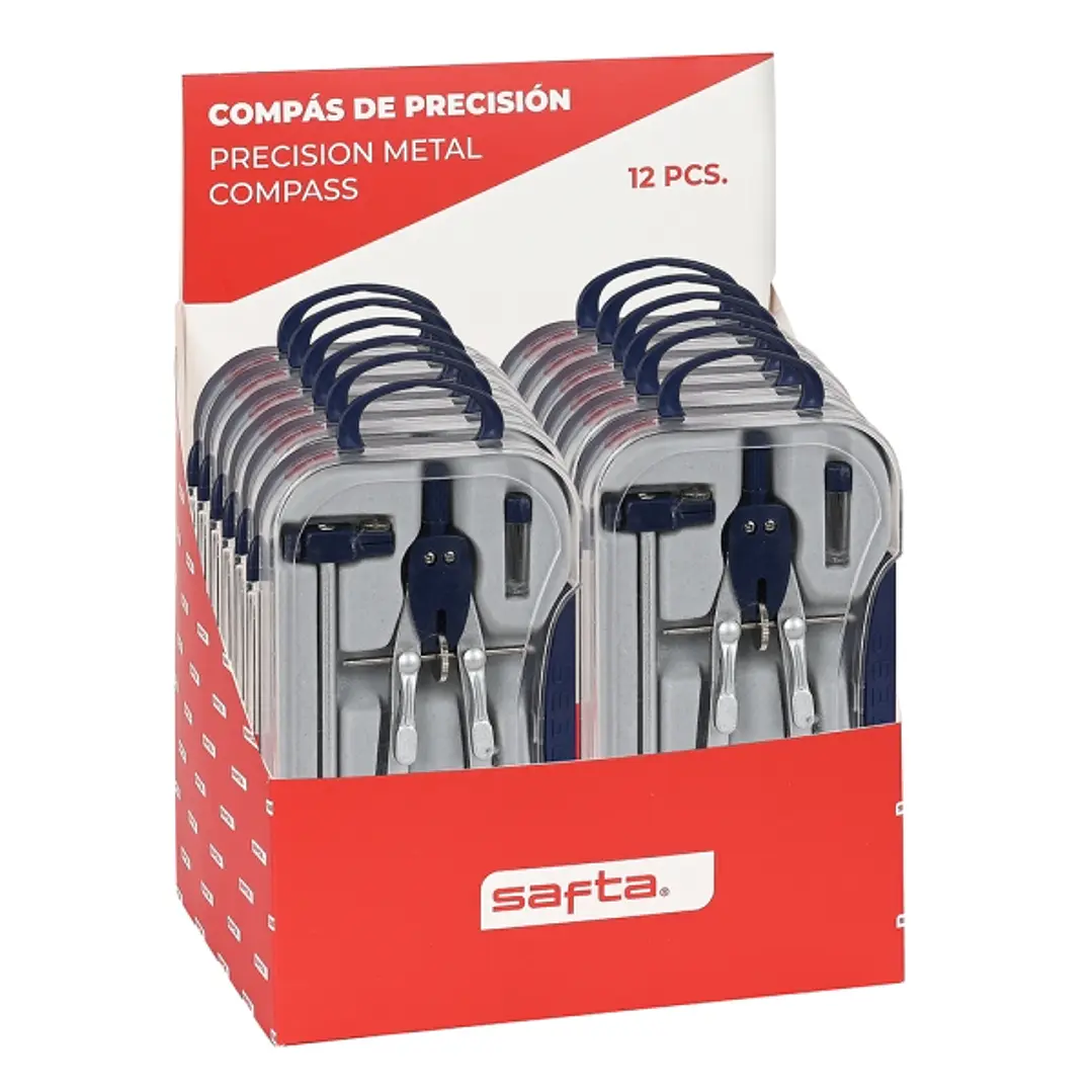 Safta Expositor con 12 Compases de Precision - Ajuste Variable - Mecanismo Rapido - Extensor - Incluye Minas - Colores Surtidos 1