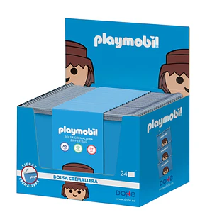 Dohe Playmobil Expositor con 24 Bolsas Fabricadas en EVA Traslucido de 400 micras - Formato Apaisado - Cierre de Cremallera - Color Azul