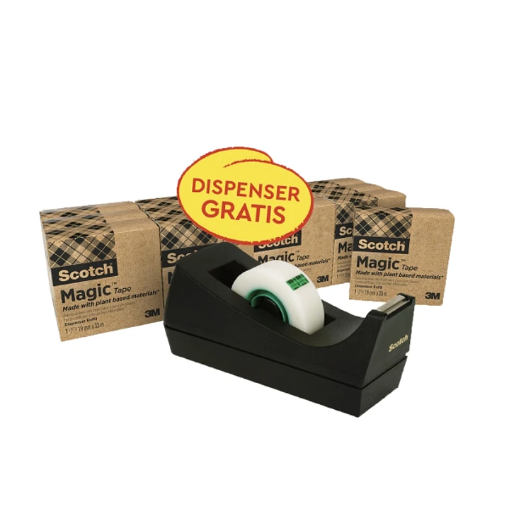 Scotch Magic Pack de 14 Cintas Adhesivas - 66% Adhesivo Vegetal - 19mm x 33m - Promocion Dispensador Gratis - Color Negro 1
