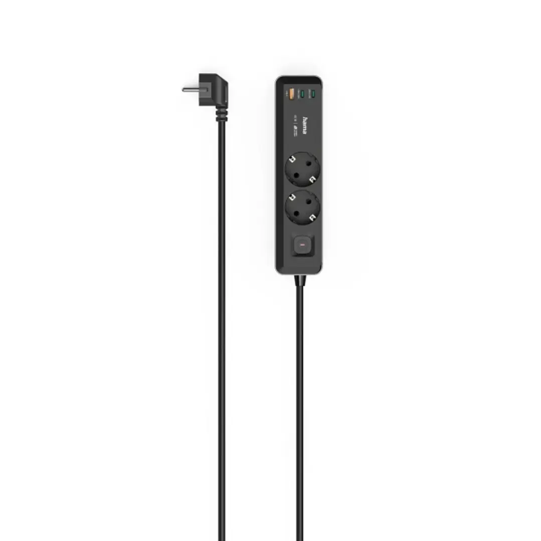 Hama Regleta Alimentacion con 5 Tomas - Potencia Maxima 3680W - Cable 1.4m - 2x Schuko - 2x USB-C - 1x USB-A - Interruptor de Encendido - Enchufe Schu 1