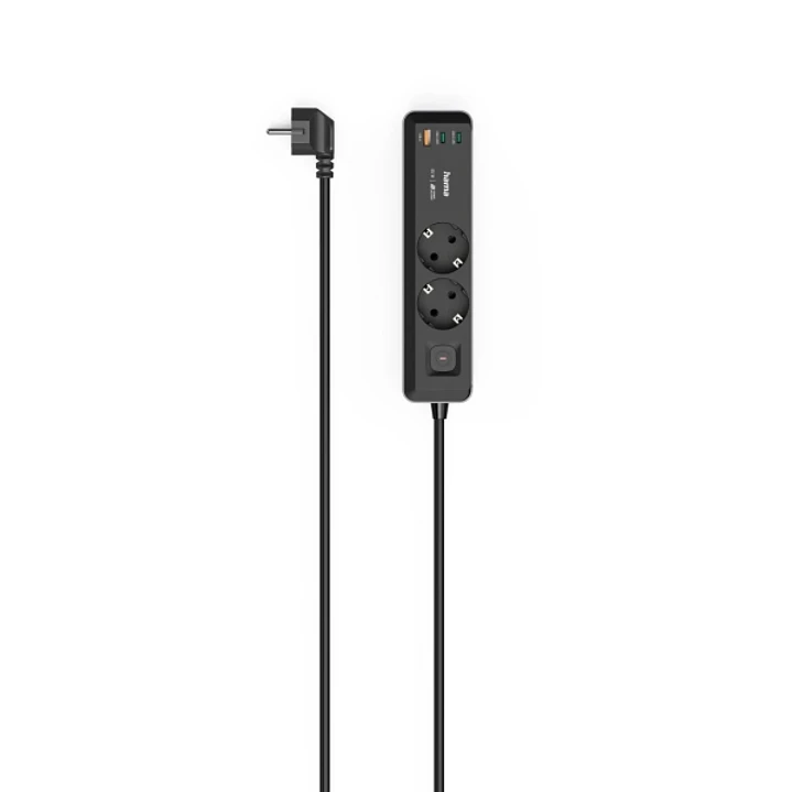 Hama Regleta Alimentacion con 5 Tomas - Potencia Maxima 3680W - Cable 1.4m - 2x Schuko - 2x USB-C - 1x USB-A - Interruptor de Encendido - Enchufe Schu 1