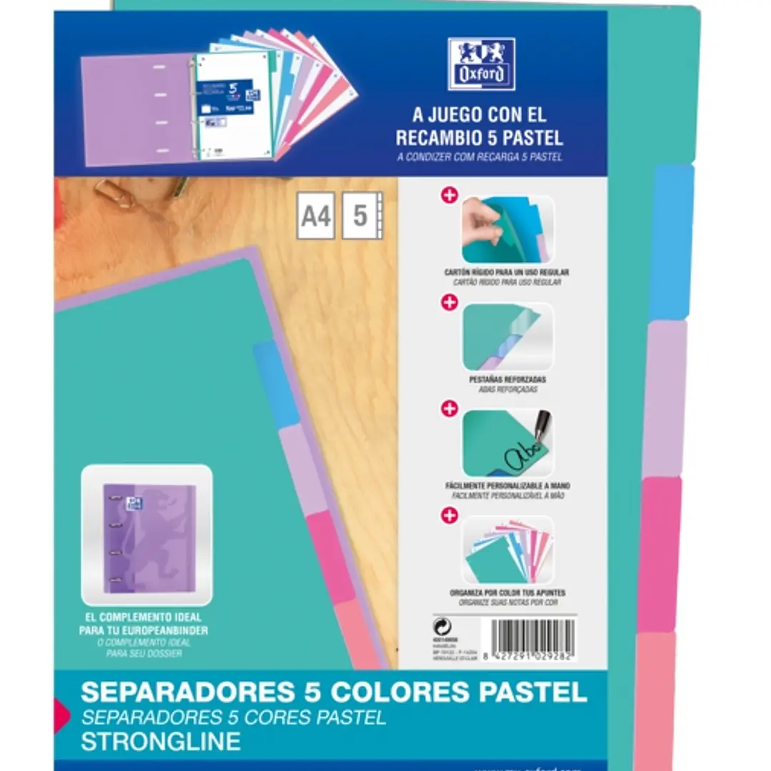 Oxford Strongline A4 Separadores 5 Posiciones - 4 Taladros - Cartulina 200gr - Colores Surtidos 1